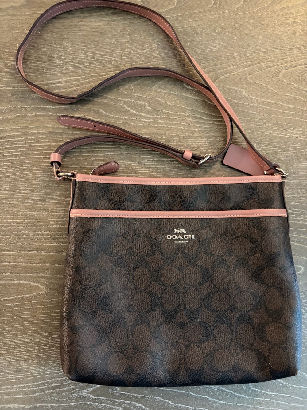 Coach Signature Crossbody Bag in Brown with Pink Trim